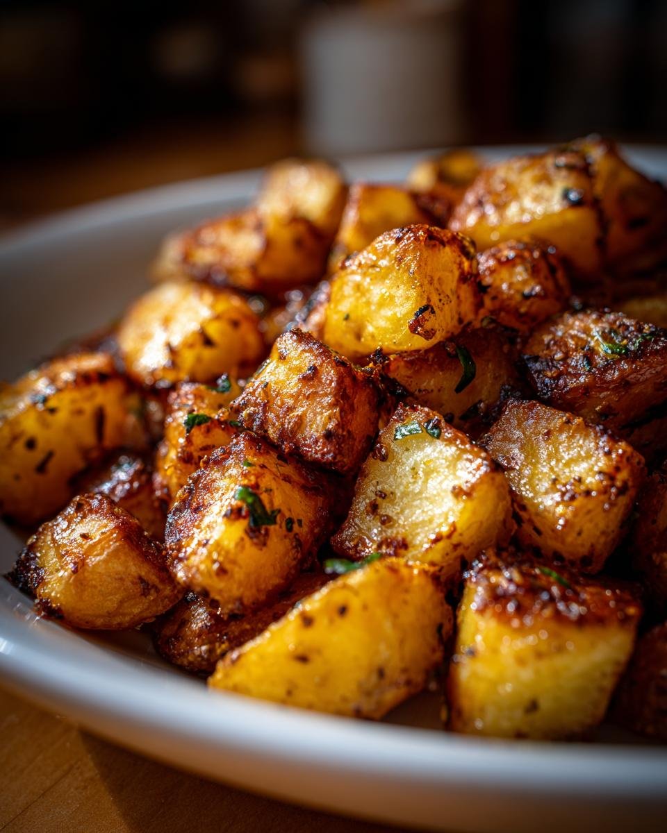 Close-up of crispy, golden-brown roasted potatoes, seasoned with herbs, a true Ultimate Potato Delight.