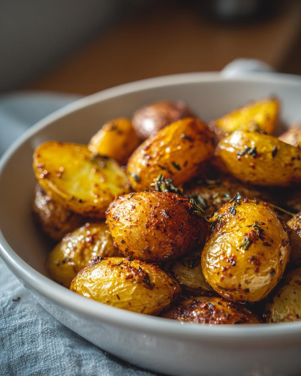 Close-up of roasted baby potatoes seasoned with herbs, a perfect Ultimate Potato Delight.