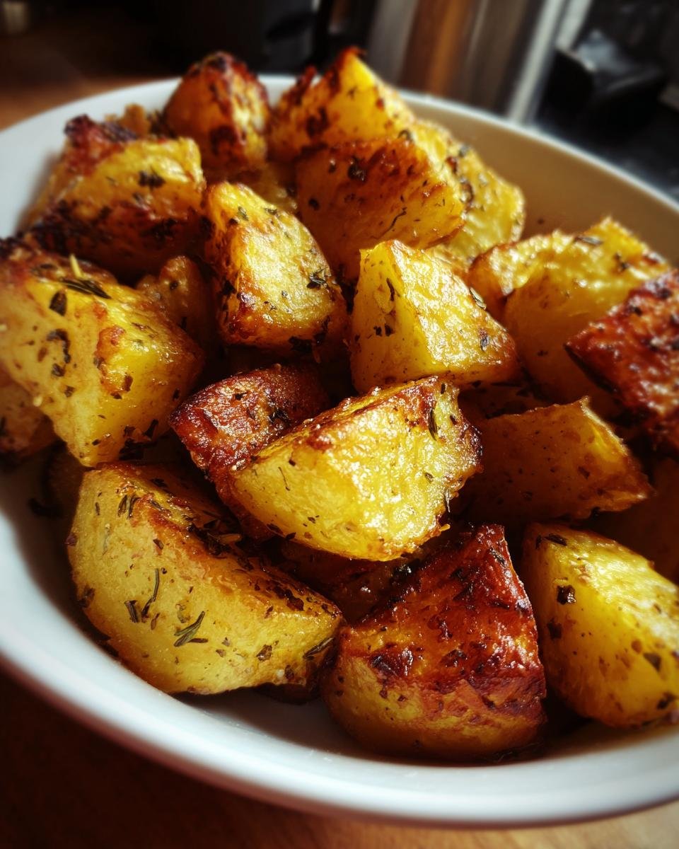 Close-up of a bowl filled with crispy, golden-brown roasted potatoes, seasoned with herbs.