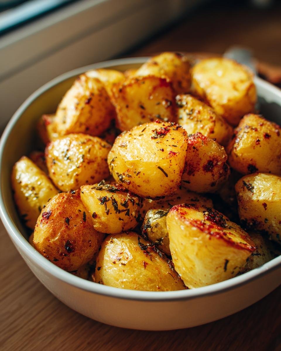 Close-up of a bowl filled with golden brown roasted potatoes seasoned with herbs, part of the Ultimate Potato Delight.