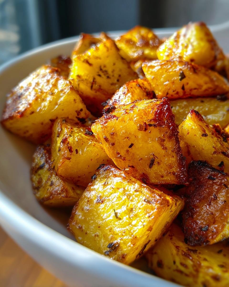 Close-up of golden-brown roasted potato wedges, seasoned with herbs, in a white bowl - part of the Ultimate Potato Delight recipe.