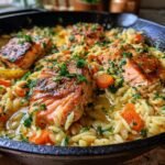Close-up of Zesty Lemon Orzo Salmon Delight cooked in a single pan, featuring flaky salmon fillets and tender orzo pasta with carrots and parsley.