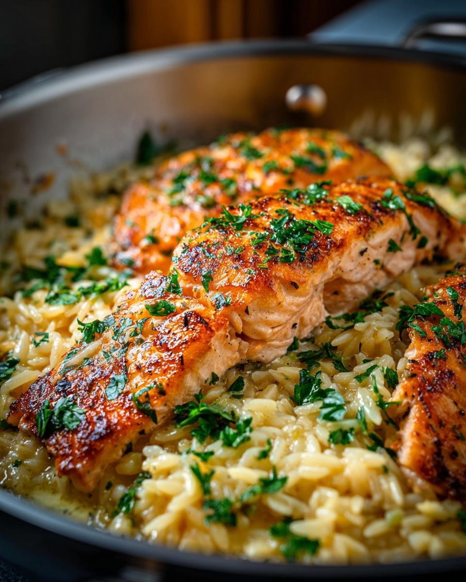 Close-up of perfectly cooked salmon fillets nestled in creamy lemon orzo, garnished with fresh parsley.