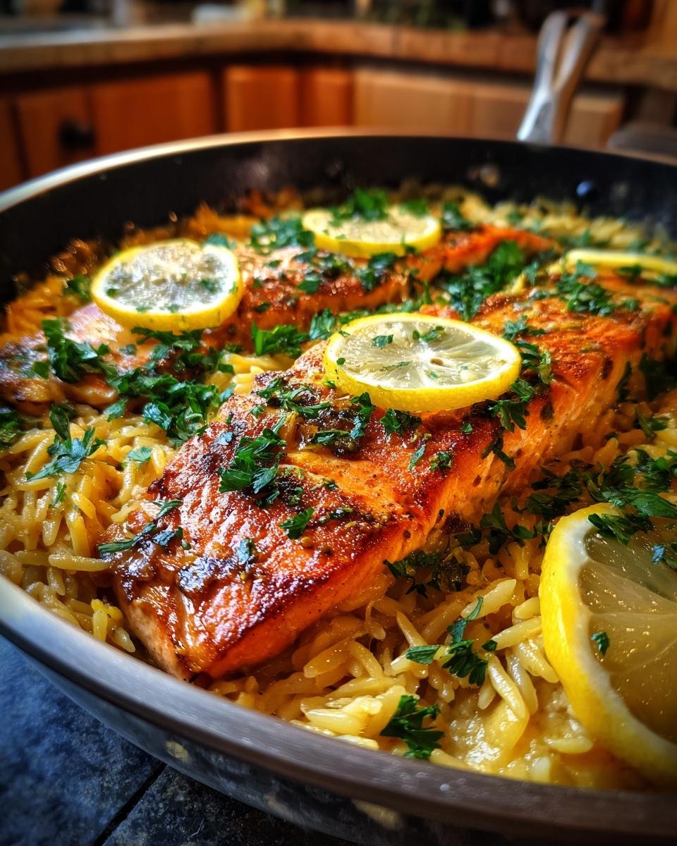 Close-up of Zesty Lemon Orzo Salmon Delight cooked in one pan, garnished with lemon slices and parsley.