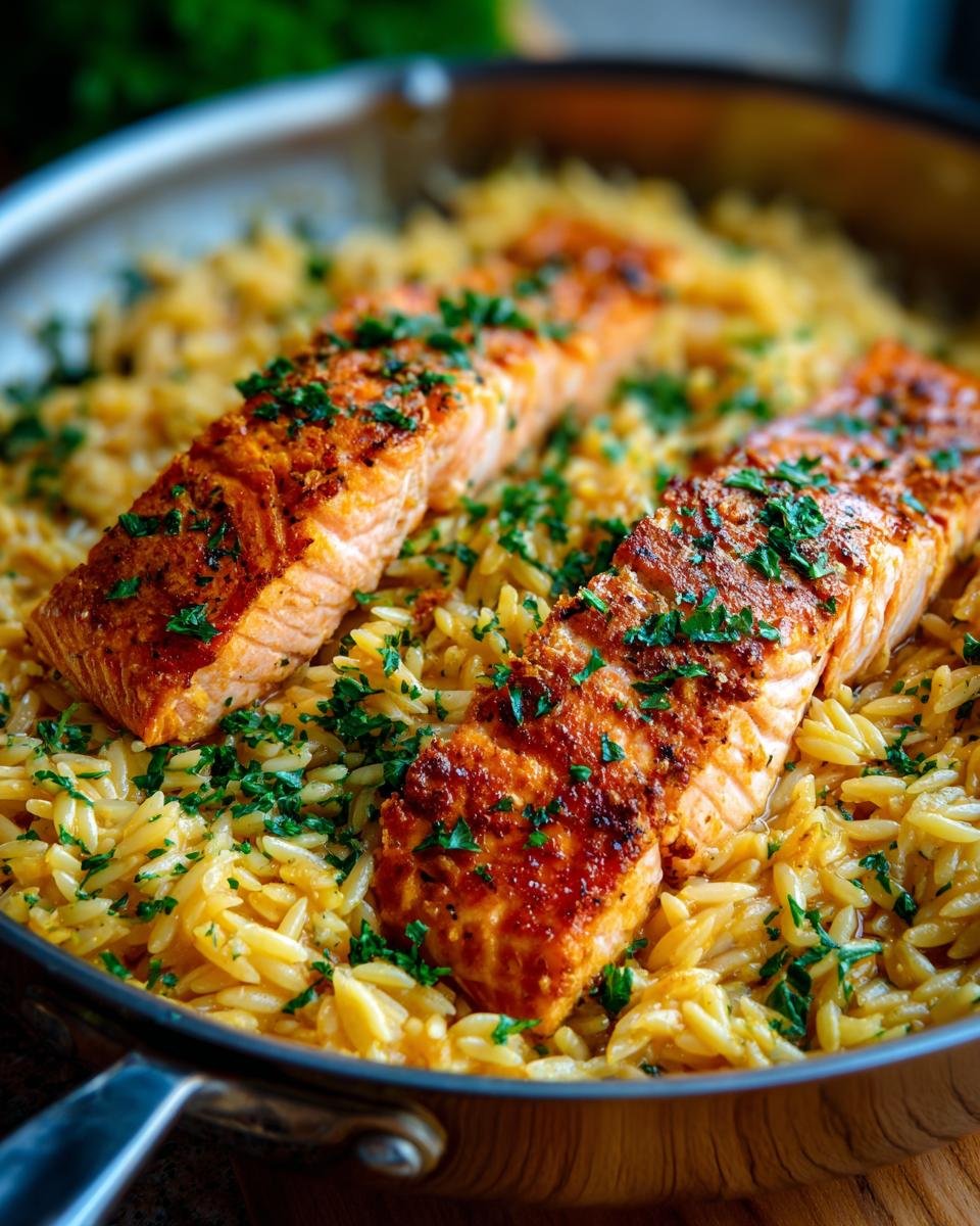 Close-up of two perfectly cooked salmon fillets nestled in a bed of zesty lemon orzo, garnished with fresh parsley.