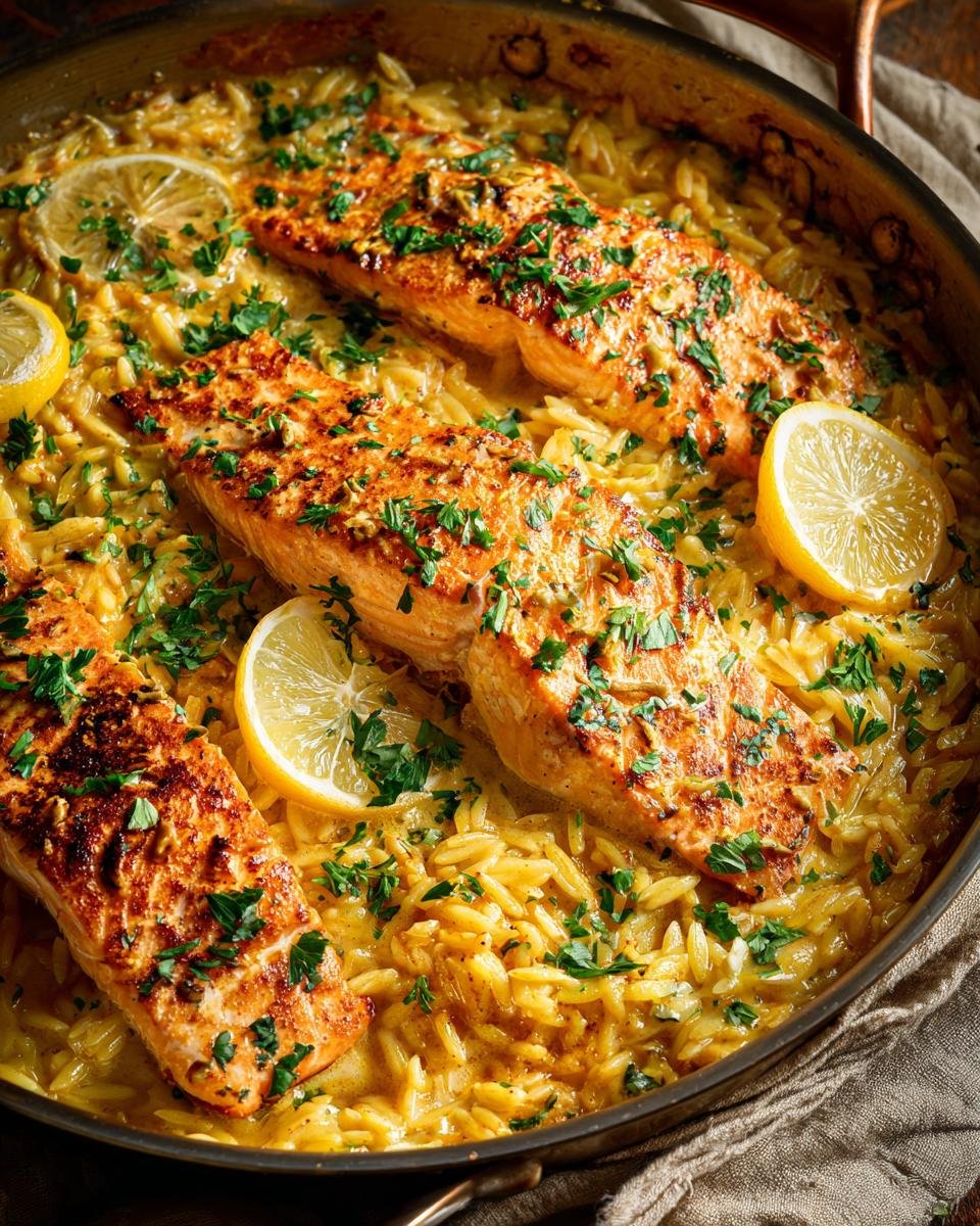 Three fillets of Zesty Lemon Orzo Salmon Delight cooked in a single pan, garnished with lemon slices and parsley.