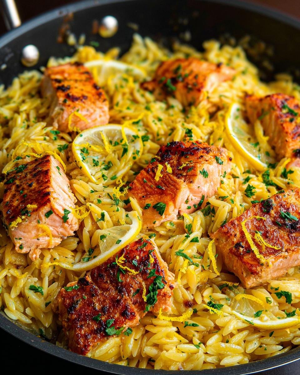 Close-up of Zesty Lemon Salmon Orzo Skillet with pan-seared salmon pieces, orzo pasta, lemon slices, and parsley.