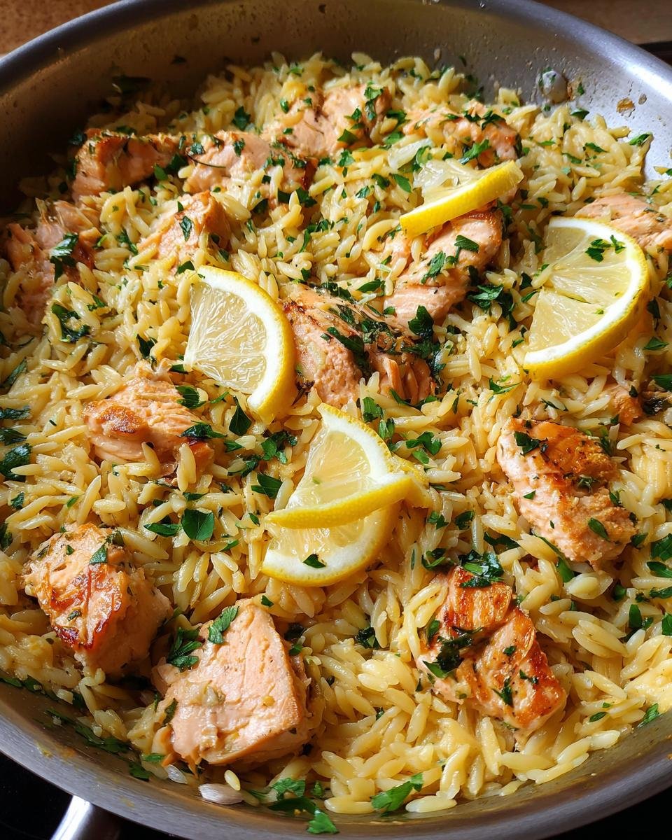 A close-up of a Zesty Lemon Salmon Orzo Skillet Recipe, featuring flaky salmon pieces, orzo pasta, and fresh parsley, garnished with lemon slices.