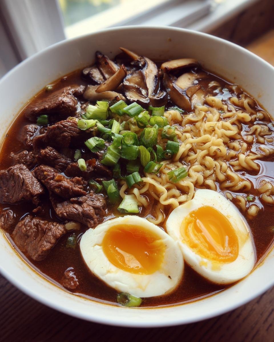 A close-up of a bowl of rich Beef Ramen featuring tender beef chunks, wavy noodles, mushrooms, and a soft-boiled egg cut in half.