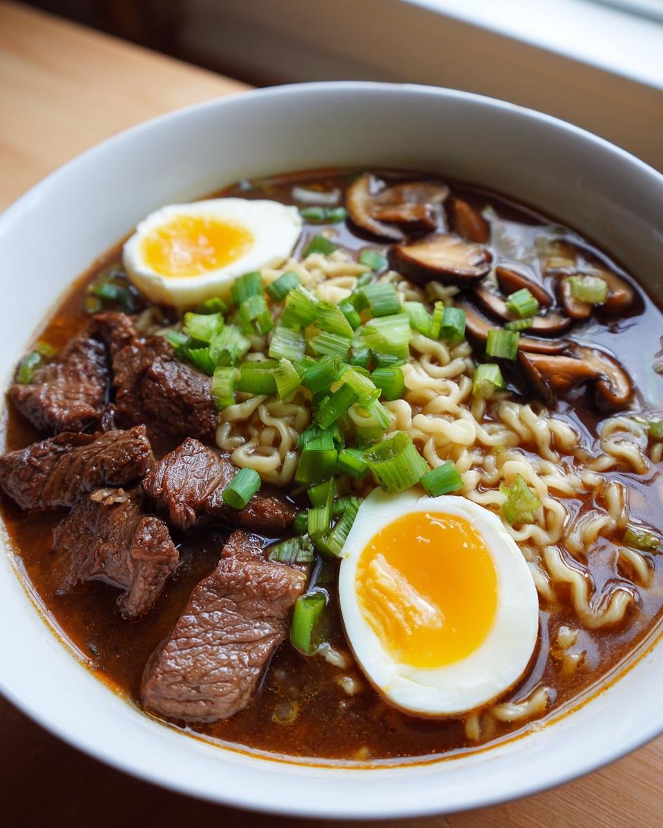 Close-up of a bowl of rich Beef Ramen topped with sliced beef, soft-boiled eggs, mushrooms, and green onions.