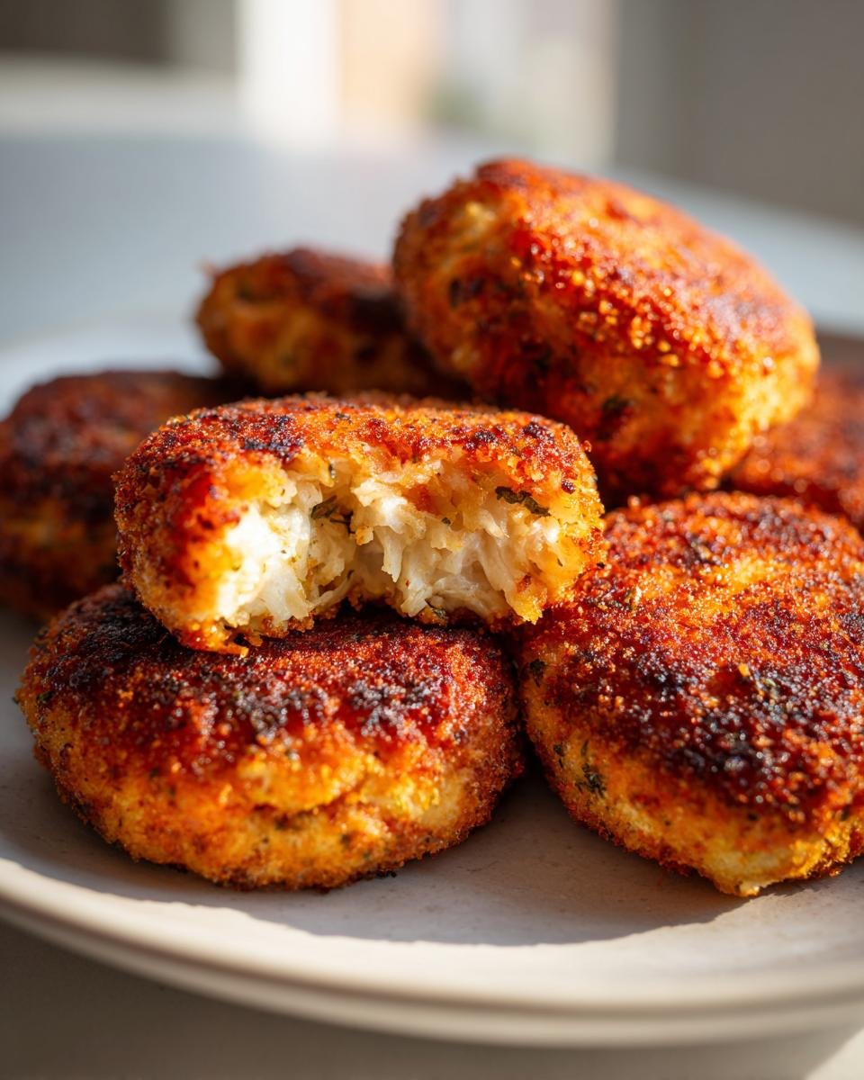 Close-up of crispy, golden Air Fryer Fish Cakes, one broken open showing the flaky white fish interior.