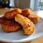 A close-up of several golden brown, crispy Air Fryer Fish Cakes piled on a white plate, one is broken open showing the flaky white fish inside.