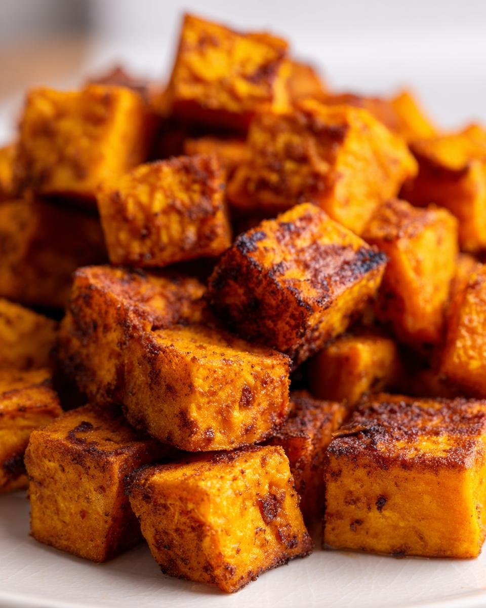 Close-up of a pile of Irresistible Air Fryer Sweet Potatoes, perfectly cubed and seasoned, showing their crispy texture.