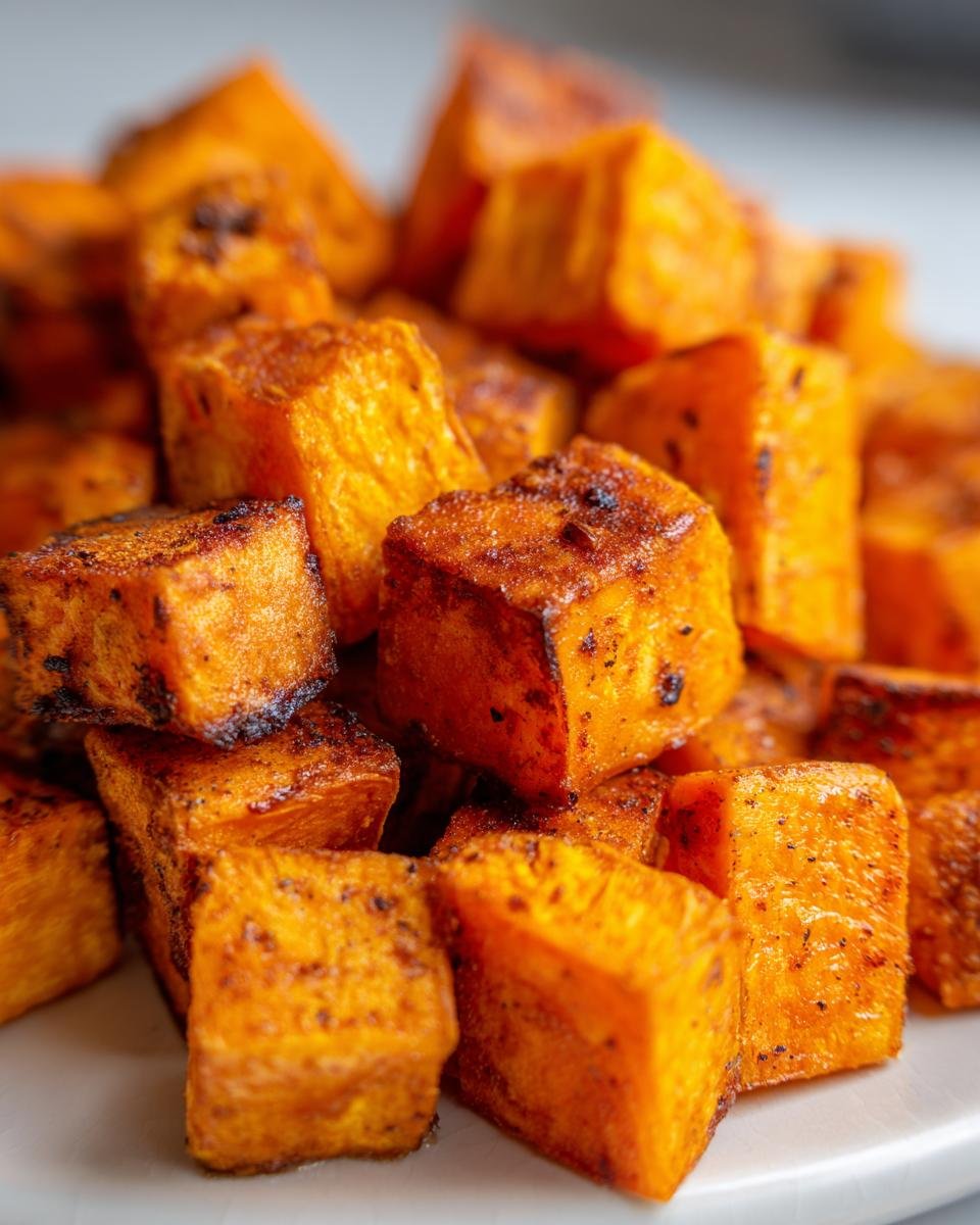Close-up of perfectly cooked, crispy air fryer sweet potatoes, showing their fluffy interior and golden-brown exterior.