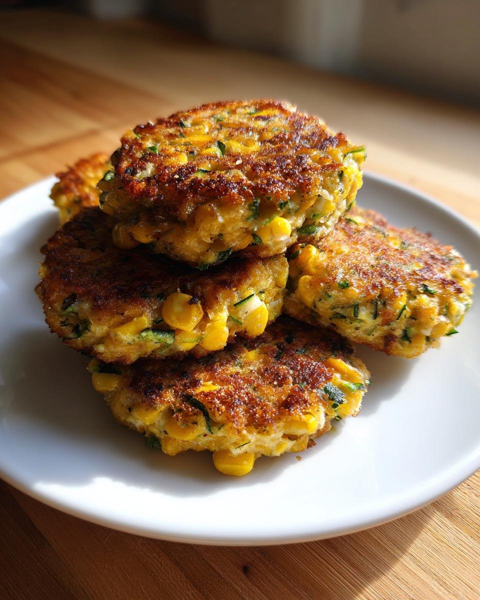 A stack of golden brown Air Fryer Zucchini Corn Fritters featuring visible corn kernels and green herbs on a white plate.