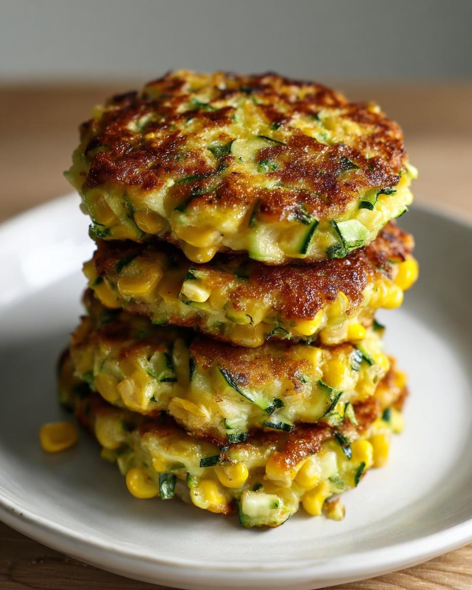 A tall stack of four golden-brown Air Fryer Zucchini Corn Fritters resting on a white plate.