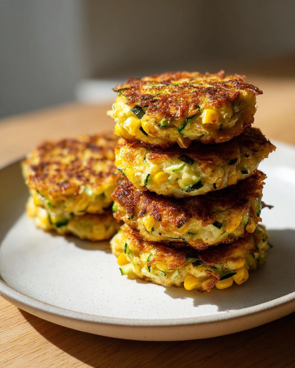 A stack of four perfectly golden Air Fryer Zucchini Corn Fritters showing visible corn kernels and shredded zucchini.