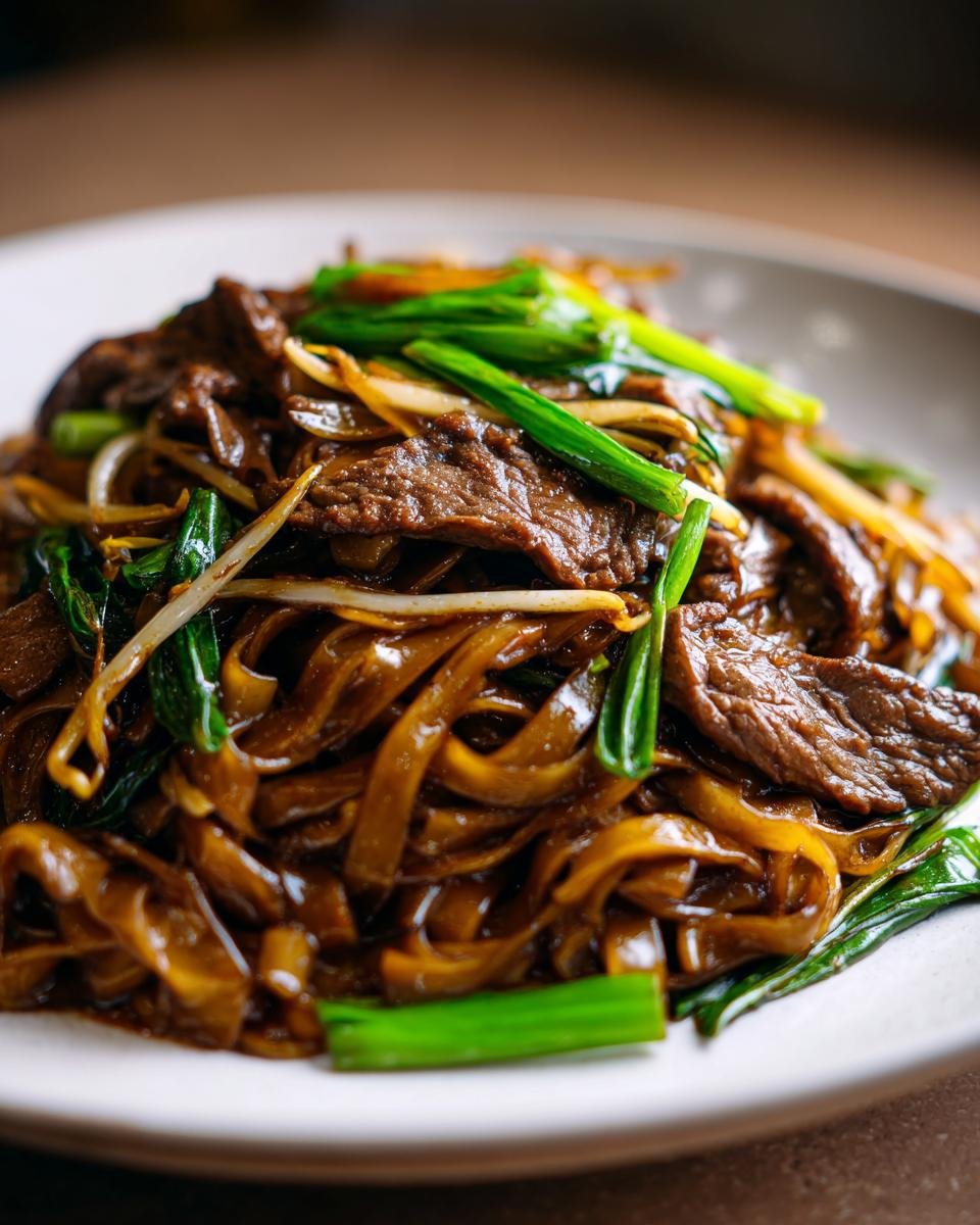 A close-up shot of glossy, dark stir-fried Beef Chow Fun noodles mixed with sliced beef, bean sprouts, and green onions.