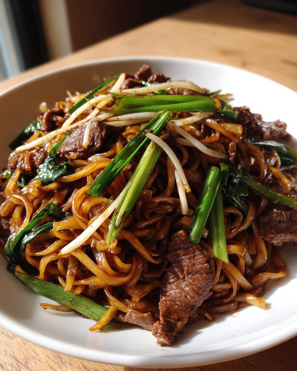 A close-up of savory Beef Chow Fun noodles mixed with tender beef slices, bean sprouts, and green onions.