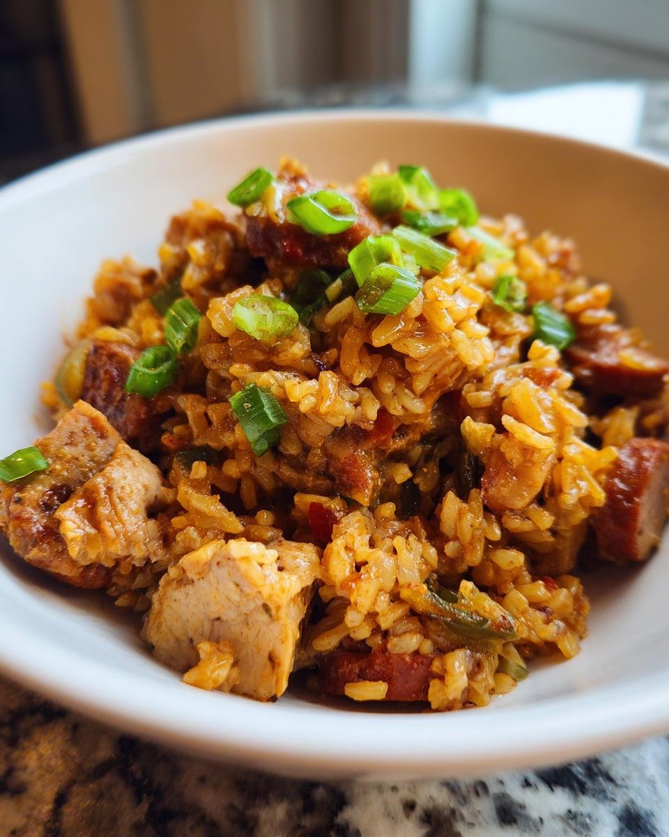 Close-up of a bowl of savory Jambalaya, featuring rice, chunks of chicken, sausage, and topped with fresh green onions.