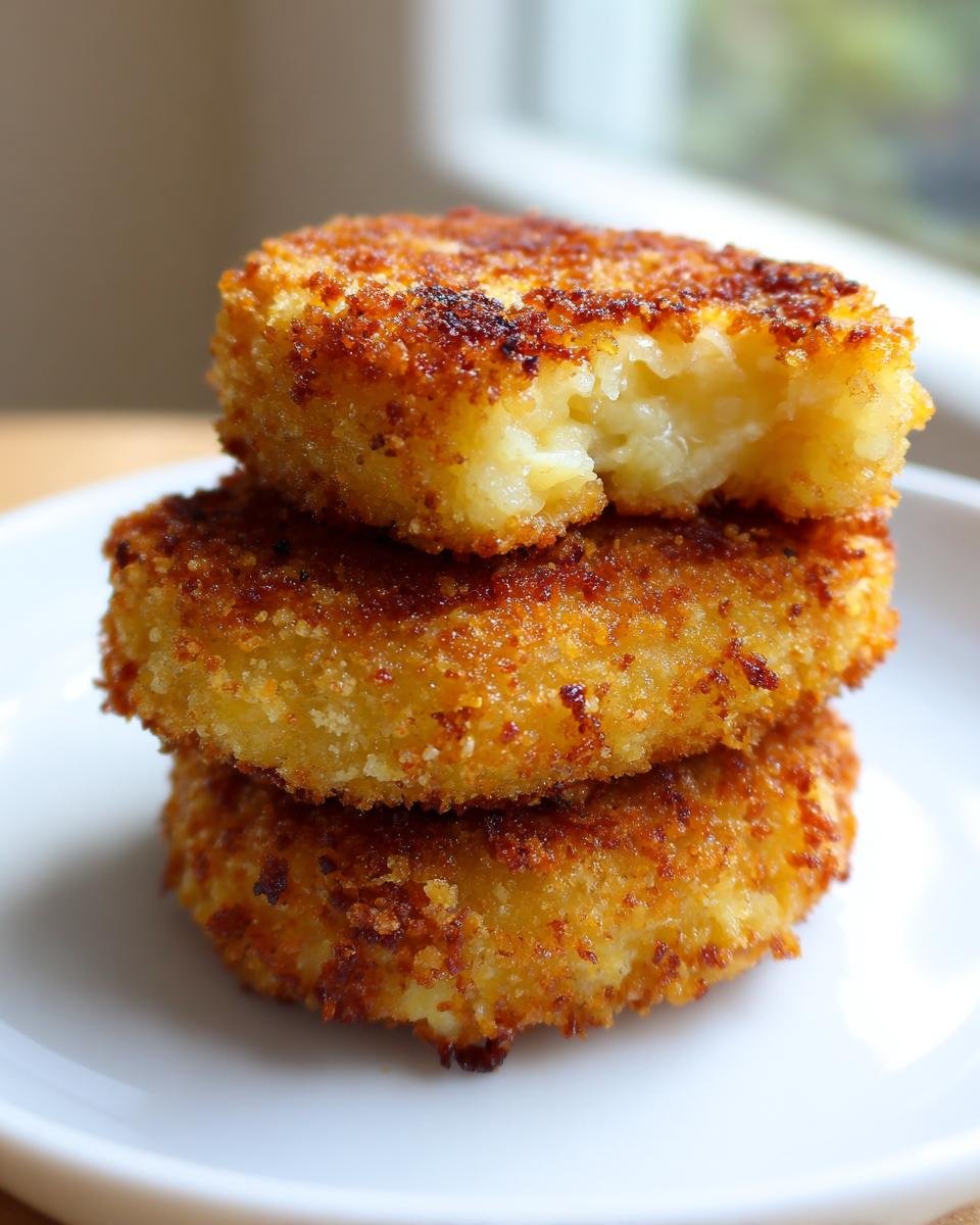 Three golden brown, crispy Potato Croquettes stacked, with the top one showing a bite taken out revealing the soft interior.