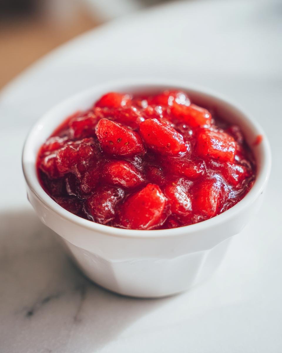 A close-up shot of chunky, bright red homemade Strawberry Sauce served in a small white ramekin.