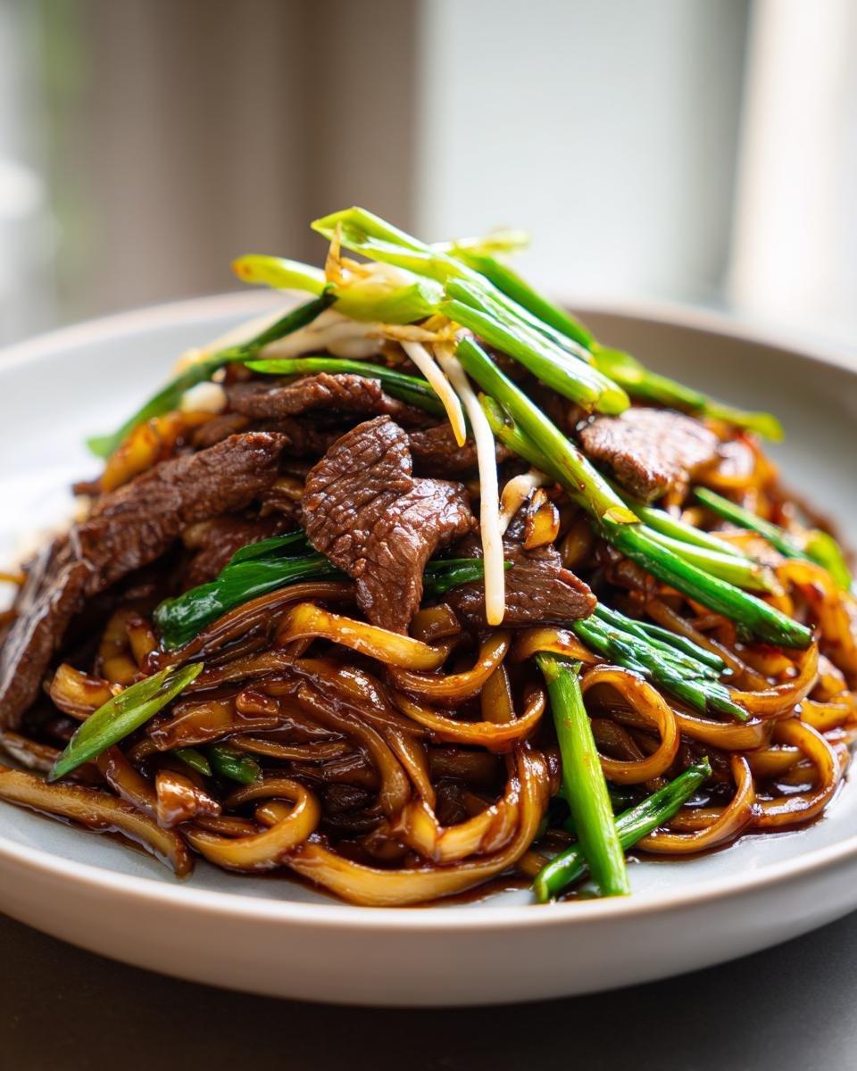 A close-up shot of freshly made Beef Chow Fun, featuring wide, dark-sauced noodles, sliced beef, and green onions.