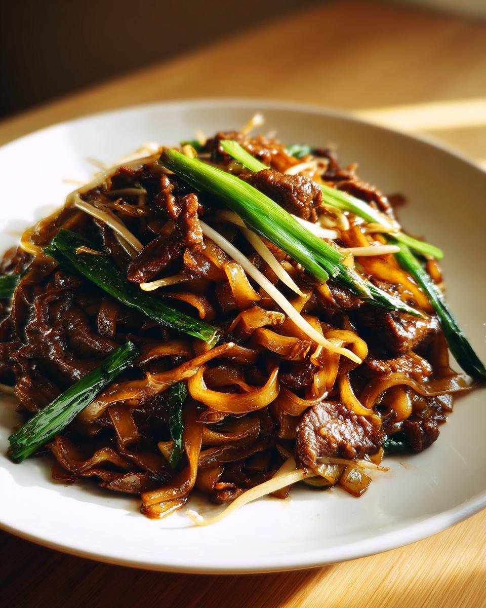 Close-up of glossy, dark brown Beef Chow Fun noodles mixed with slices of beef, bean sprouts, and bright green scallions.