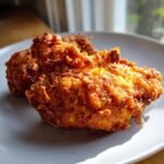 Close-up of crispy, golden-brown Beer Battered Fried Chicken pieces resting on a light gray plate.
