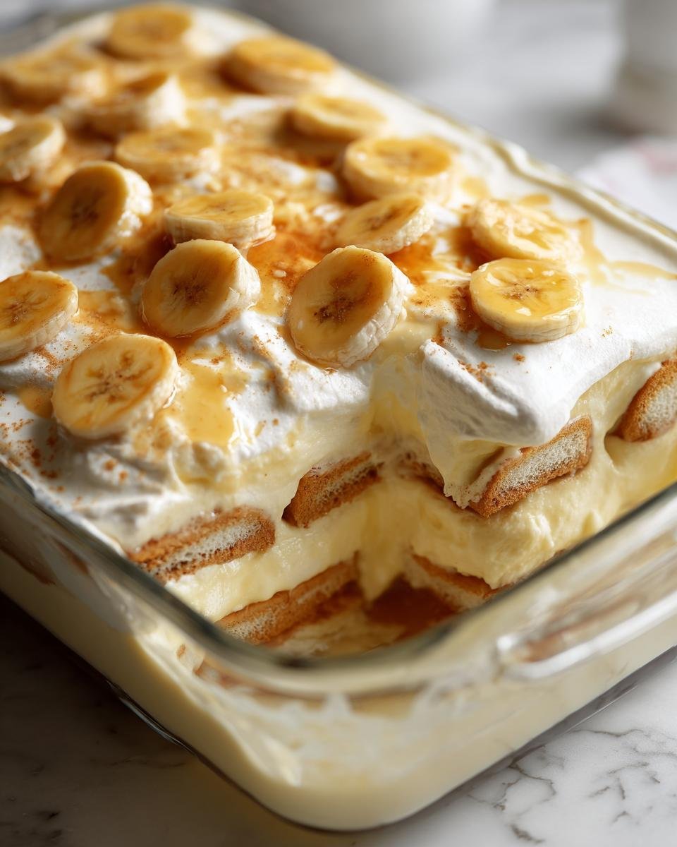 A close-up of The Best Banana Pudding Recipe, showing layers of creamy pudding, vanilla wafers, and sliced bananas topped with whipped cream.