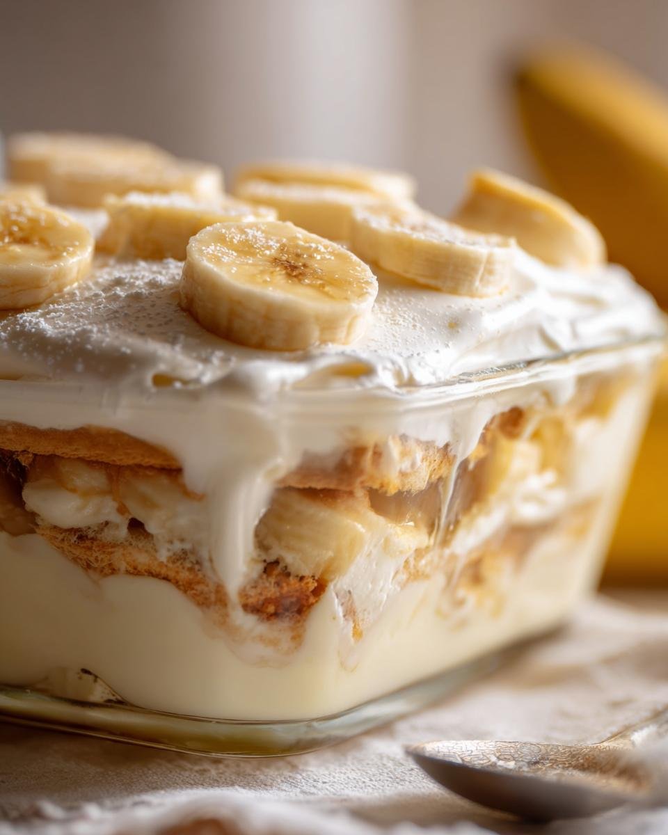 Close-up of The Best Banana Pudding Recipe in a glass dish, layered with vanilla pudding, cookies, and fresh banana slices.