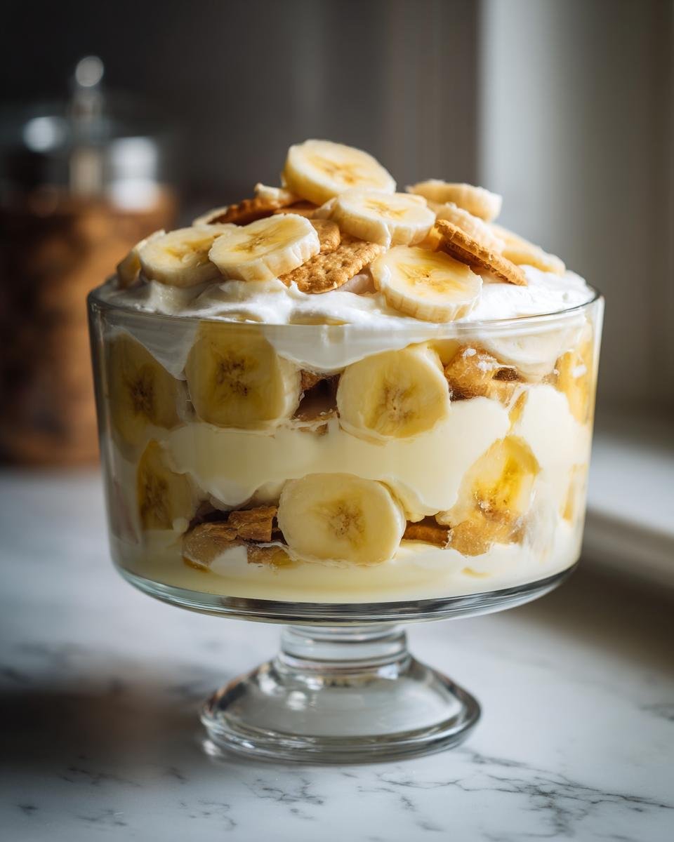 A beautiful trifle dish filled with The Best Banana Pudding Recipe, showcasing layers of creamy pudding, sliced bananas, and vanilla wafers.