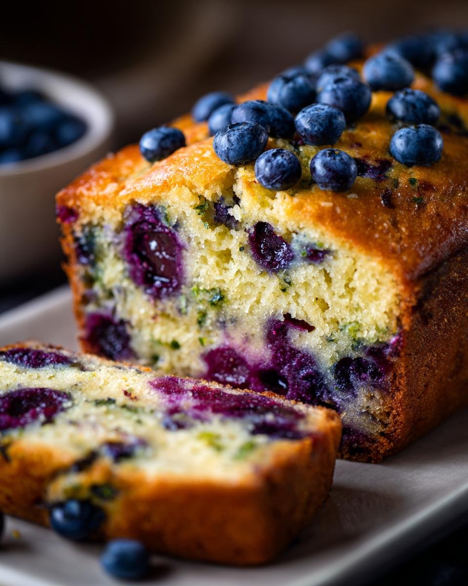 Close-up of an Irresistible Blueberry Lemon Zucchini Bread loaf, topped with fresh blueberries and sliced to reveal moist interior.
