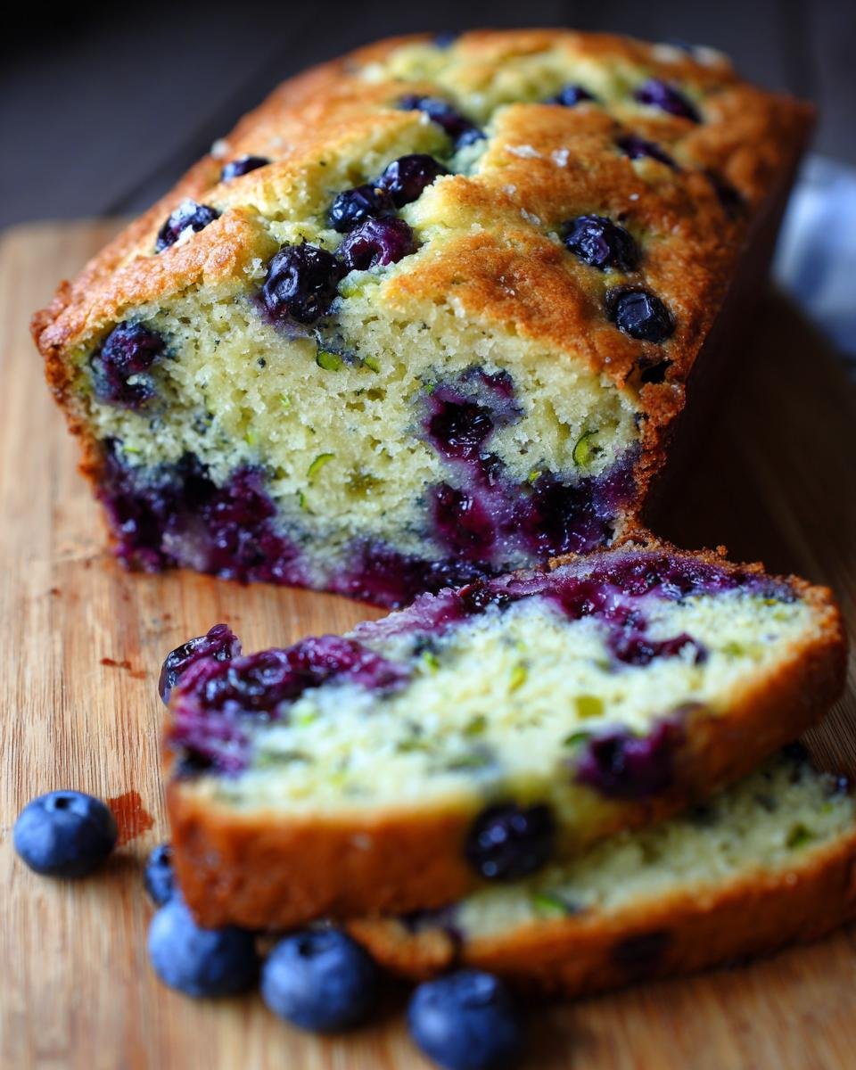 Close-up of Irresistible Blueberry Lemon Zucchini Bread slices with fresh blueberries and visible zucchini shreds.