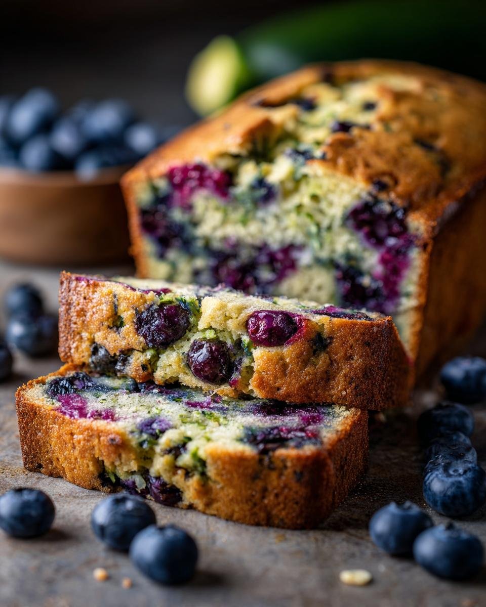 Close-up of two slices of Irresistible Blueberry Lemon Zucchini Bread, showcasing blueberries and zucchini.