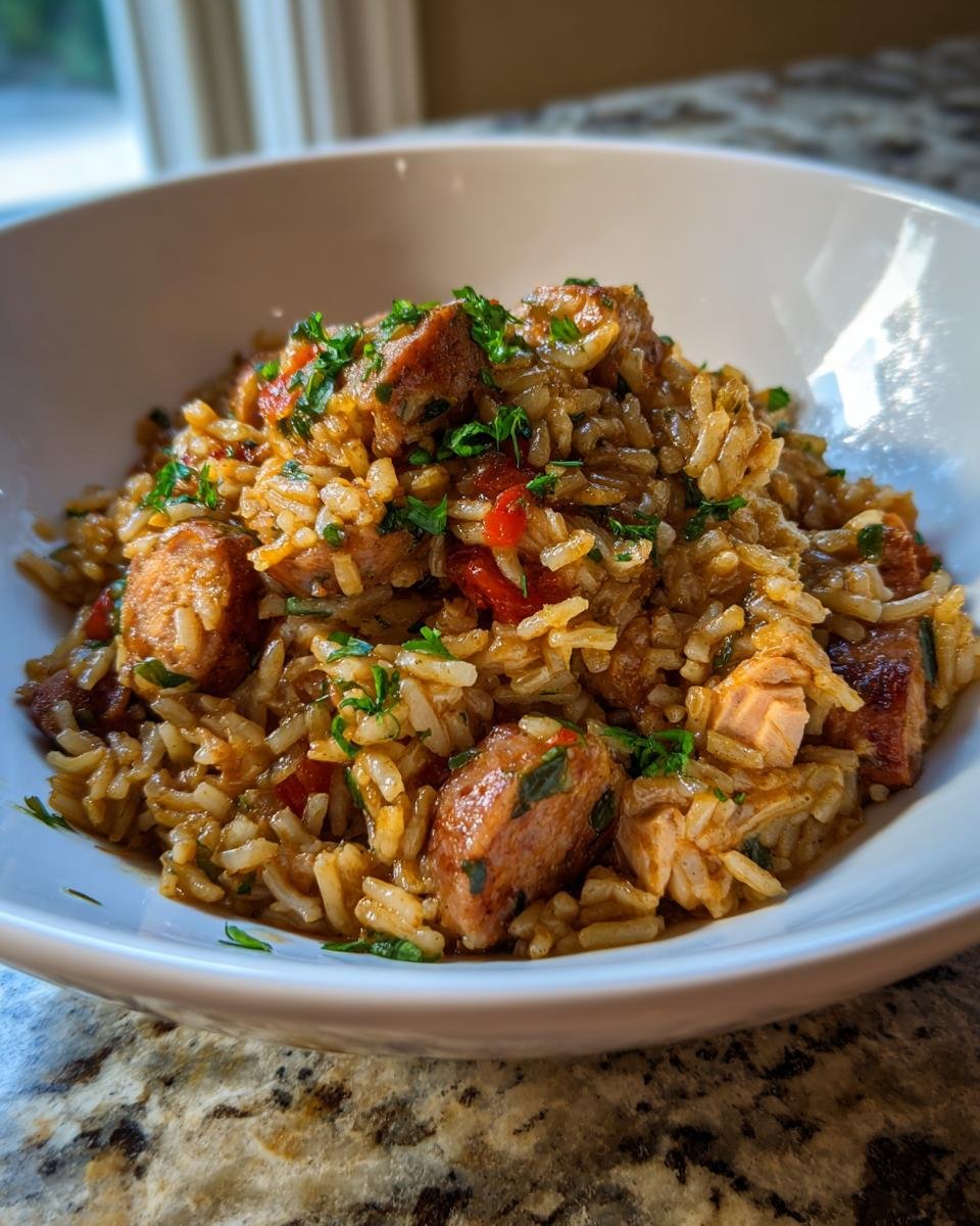 Close-up of a white bowl filled with savory Jambalaya featuring rice, sausage chunks, and fresh parsley garnish.
