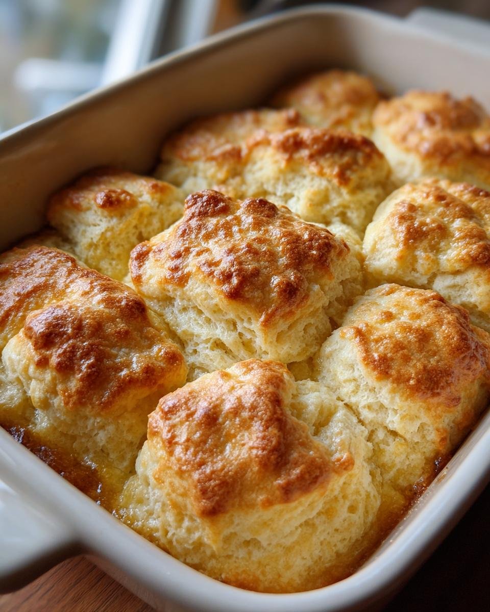 Golden brown Irresistible Breakfast Butter Swim Biscuits baked in a rectangular dish, with visible butter pooling.