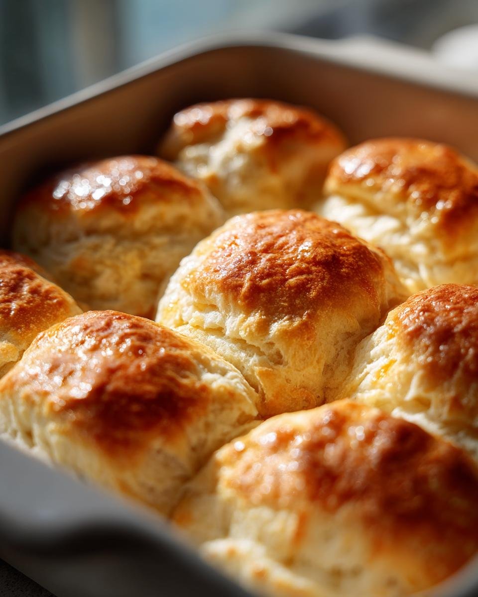 Golden brown, fluffy Irresistible Breakfast Butter Swim Biscuits baked in a dish, glistening with butter.