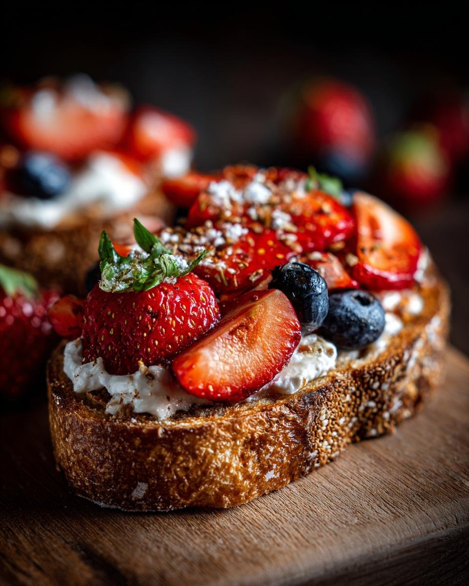 Close-up of a slice of toast topped with cream cheese, fresh strawberries, and blueberries, a delicious breakfast toast idea.