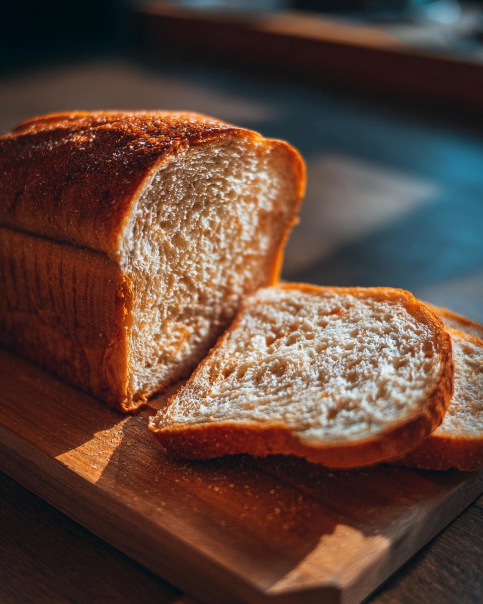 Close-up of a loaf of freshly baked bread, sliced, on a wooden cutting board, perfect for breakfast toast ideas.