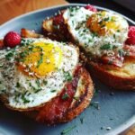 Two slices of breakfast toast topped with crispy bacon, a fried egg, and fresh parsley.