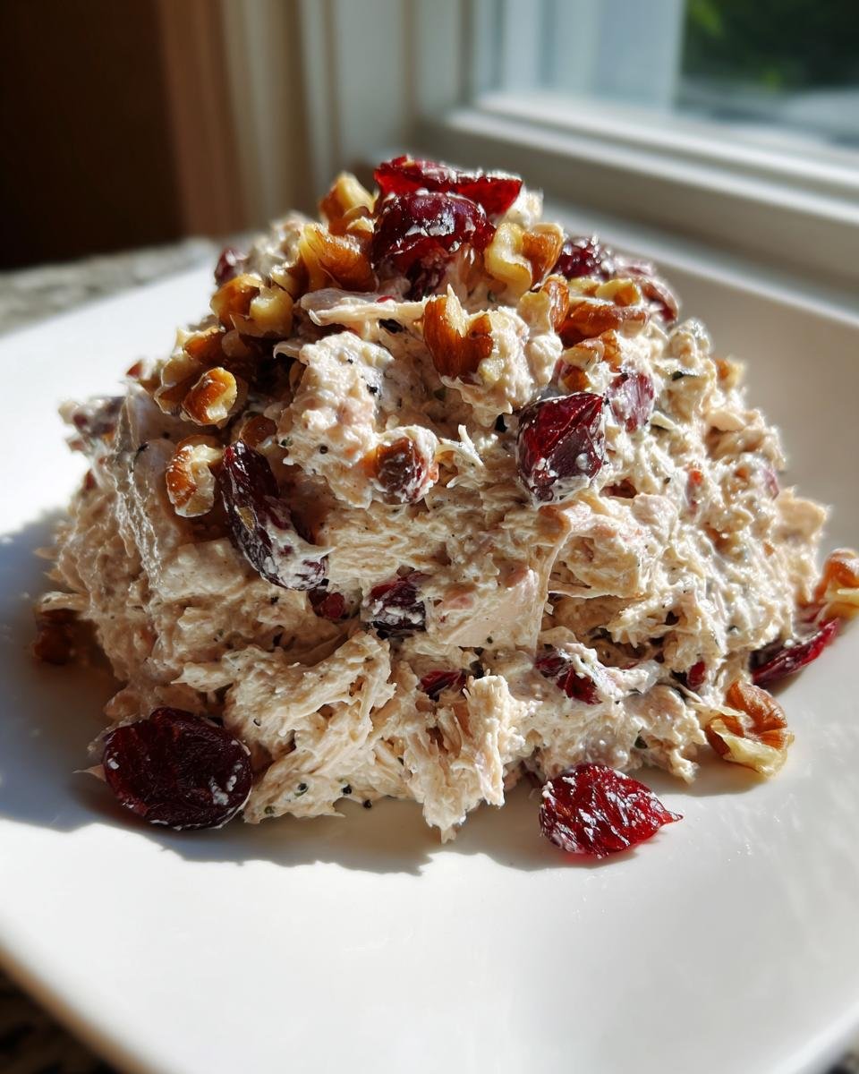 A mound of creamy Cherry Walnut Chicken Salad topped generously with walnuts and dried cranberries on a white plate.