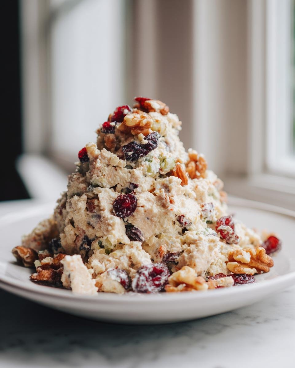 A generous mound of creamy Cherry Walnut Chicken Salad topped with dried cherries and walnuts on a white plate.