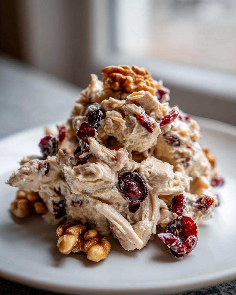 A close-up of a creamy mound of Cherry Walnut Chicken Salad garnished with dried cherries and whole walnuts.