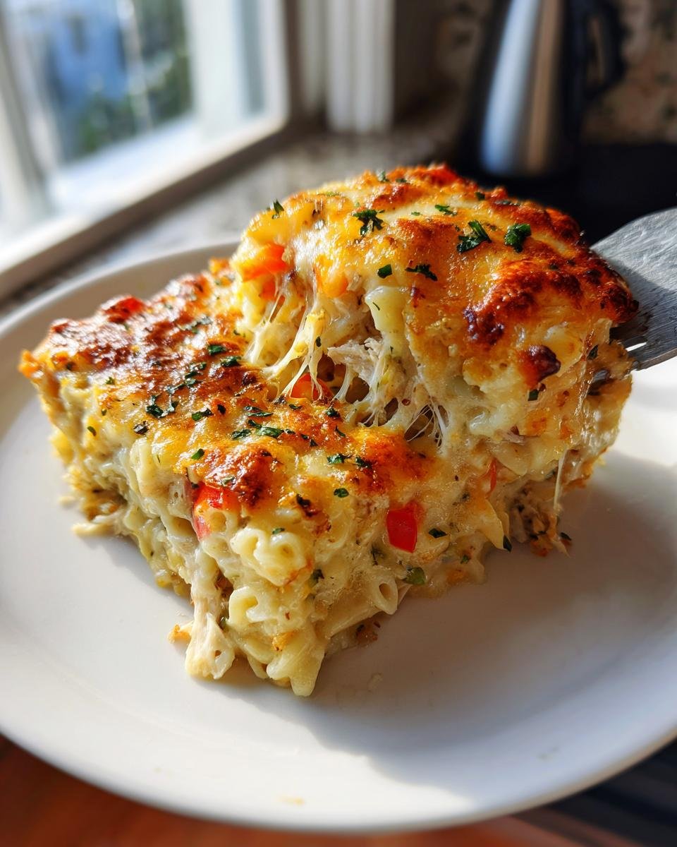 A serving of gooey, cheesy Chicken Vegetables Pasta Bake being lifted from a white plate.
