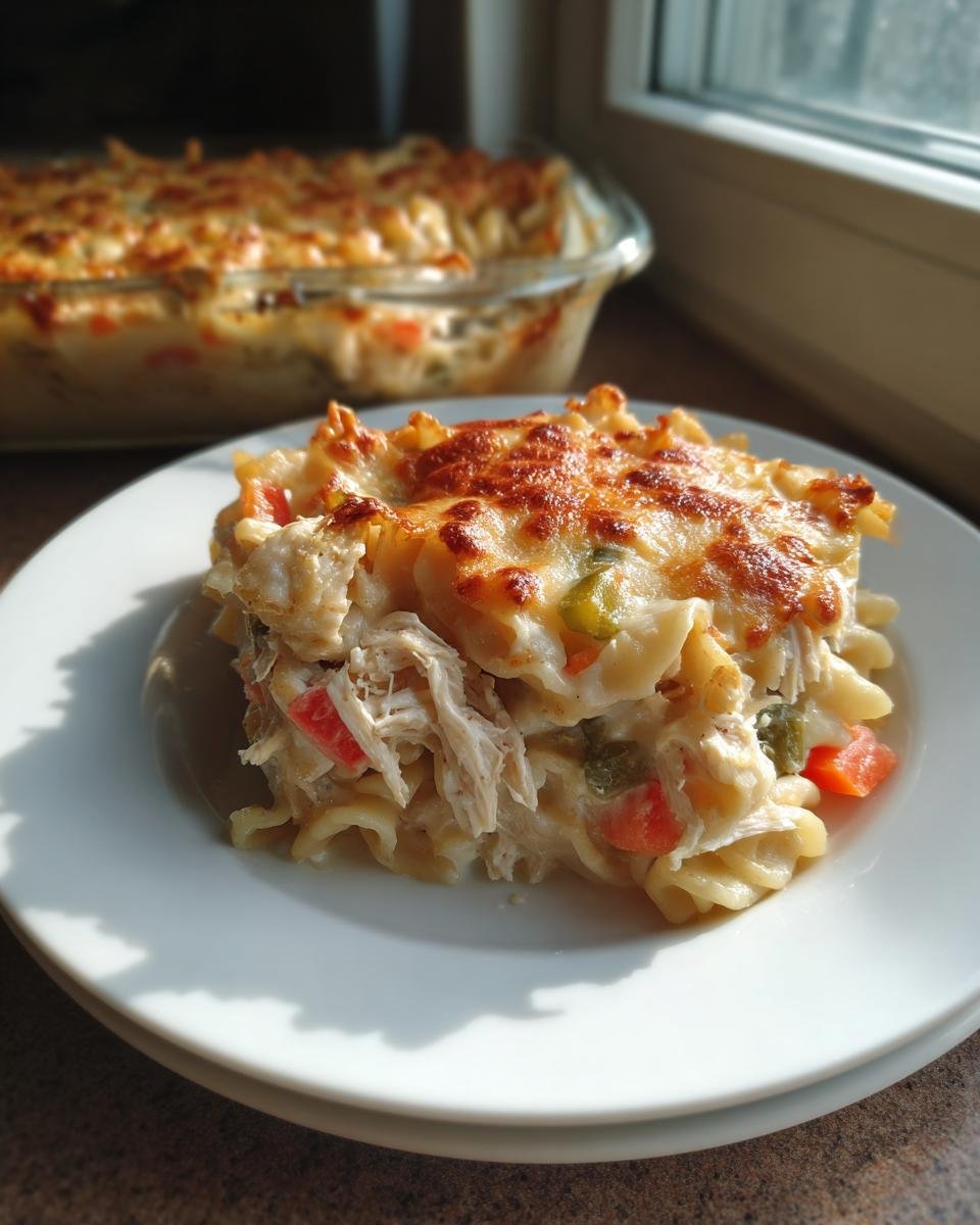 A generous serving of creamy Chicken Vegetables Pasta Bake with shredded chicken, pasta, and colorful vegetables, topped with melted, browned cheese.