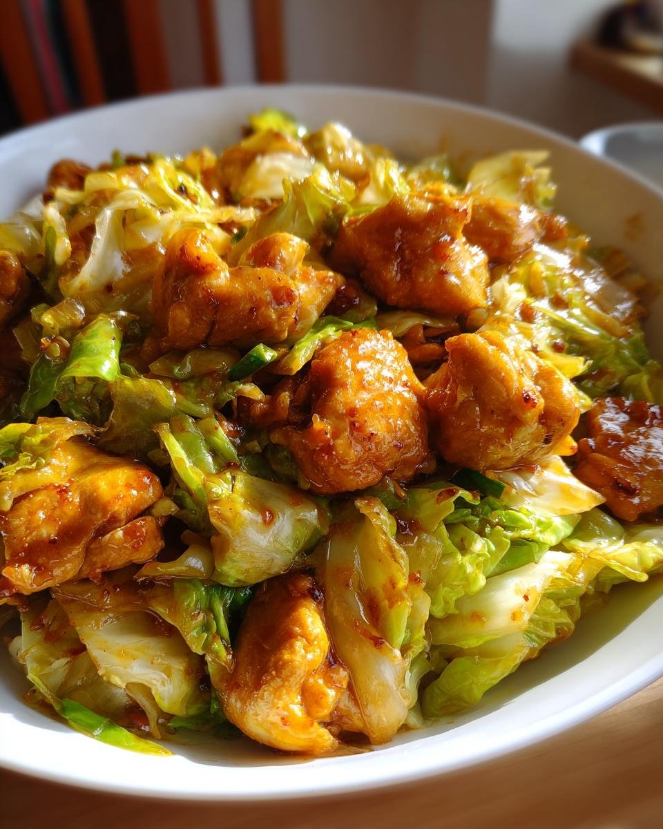 Close-up of Irresistible Chinese Chicken Cabbage Stir Fry in a white bowl, showing tender chicken pieces and crisp cabbage.