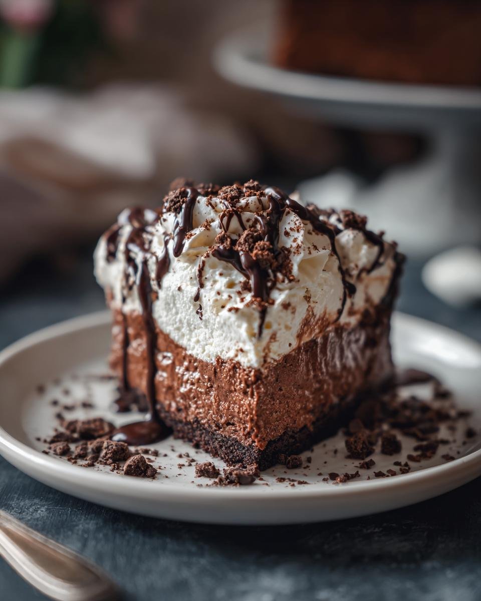 A slice of rich chocolate cream cheese pie topped with whipped cream, chocolate drizzle, and cookie crumbs.
