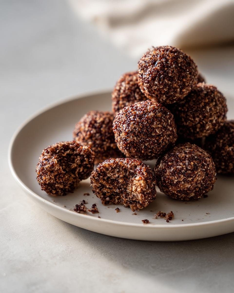Pile of Irresistible Chocolate Quinoa Bites on a plate, one bite taken out of a bite.
