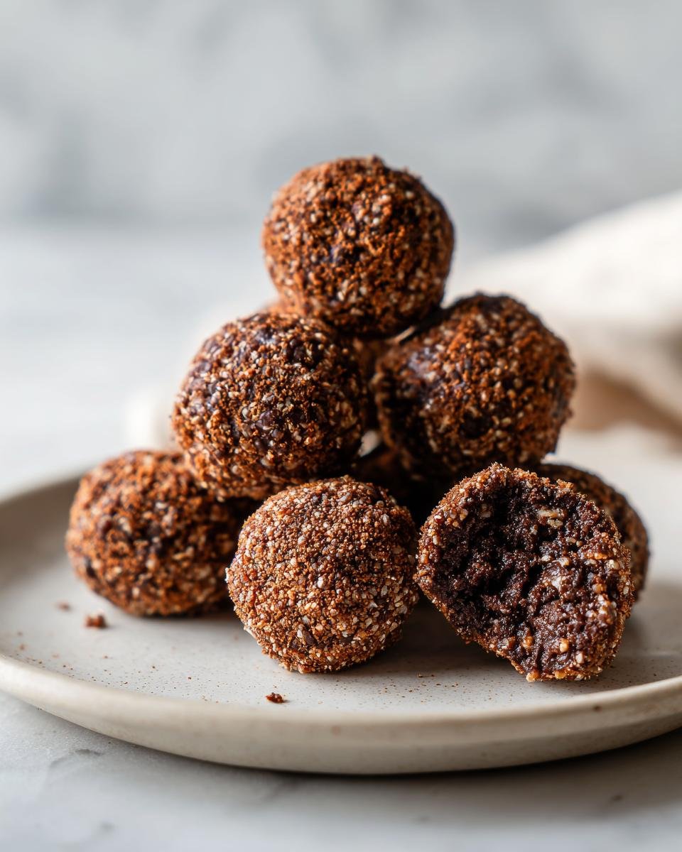 A stack of Irresistible Chocolate Quinoa Bites on a plate, with one bite broken in half to show the rich chocolate interior.
